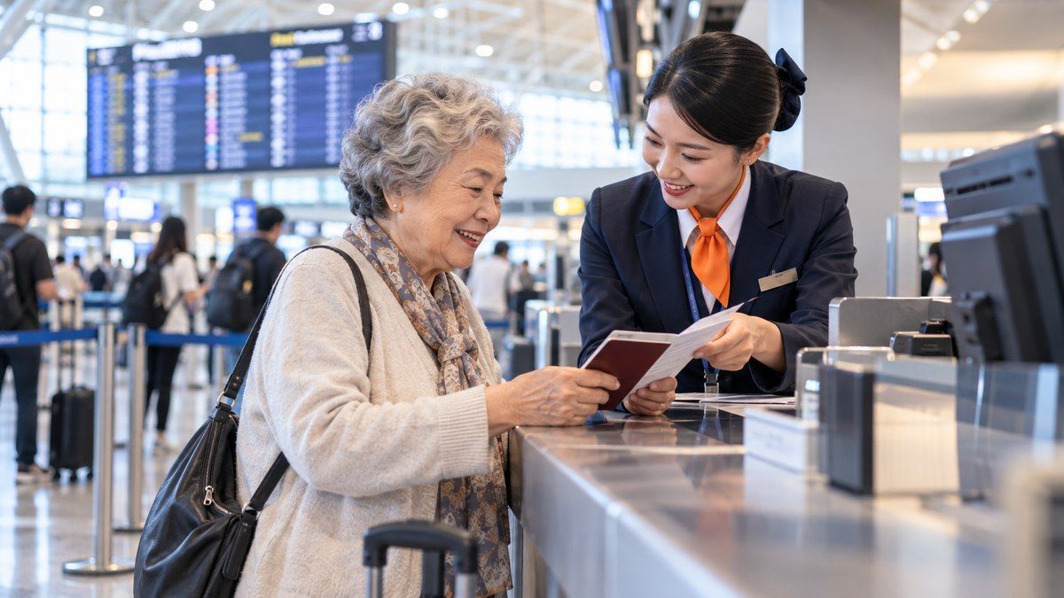 Người lớn tuổi được hướng dẫn làm thủ tục tại quầy ga quốc tế