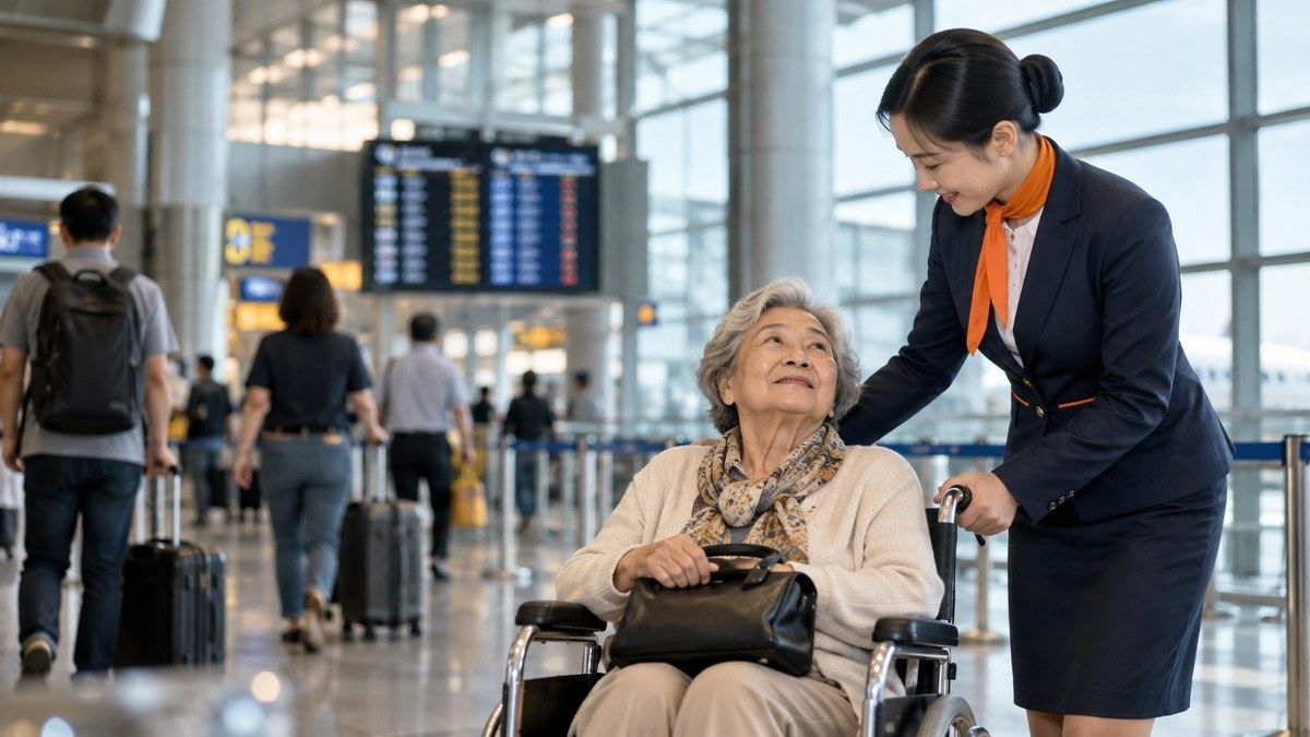 Người lớn tuổi di chuyển trong nhà ga cùng người thân và nhân viên hỗ trợ