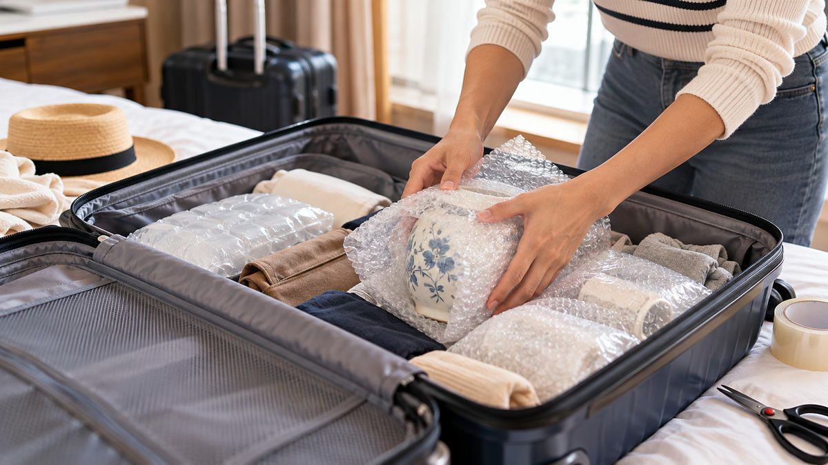 Người đang bọc đồ gốm bằng xốp hơi và chèn chống va đập trong thùng cứng