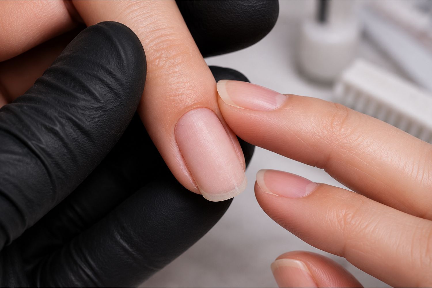Freshly prepped natural nail being touched after cleaning, which can transfer oils to the nail surface.