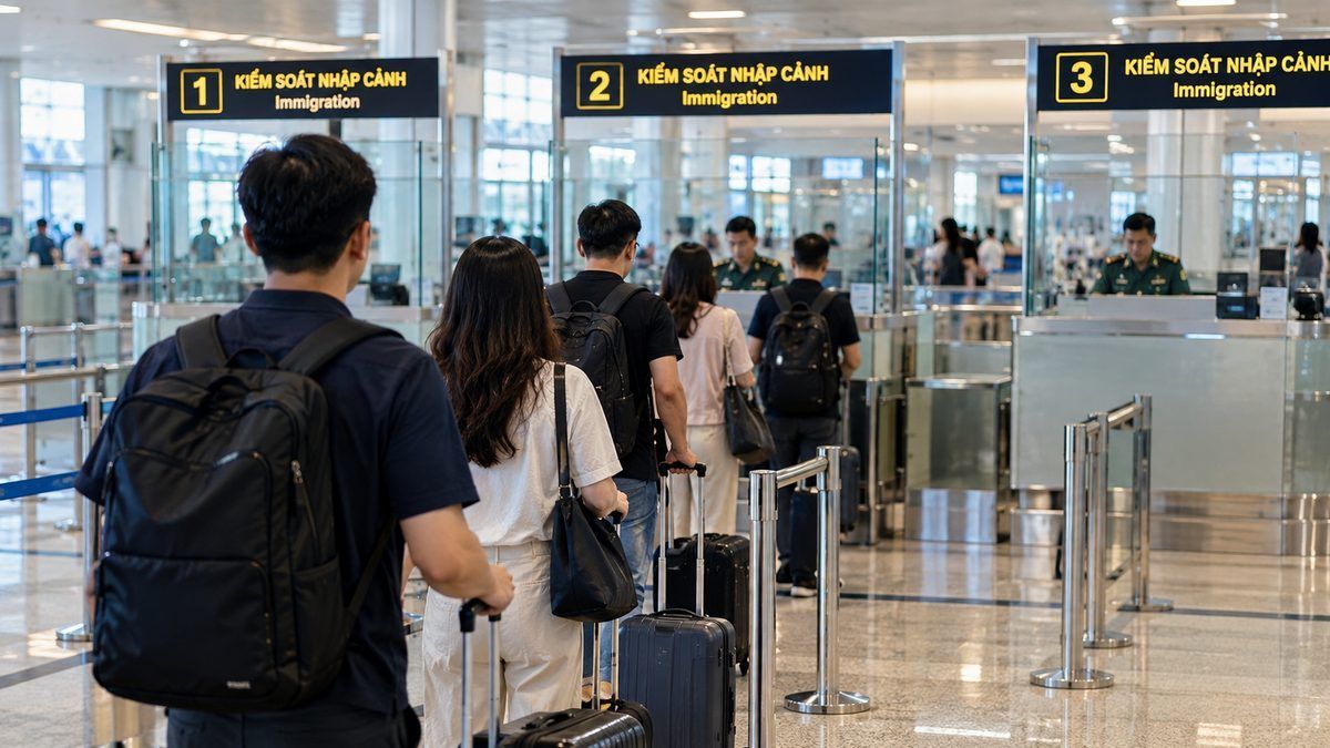 Hành khách chuẩn bị hộ chiếu trước khu vực nhập cảnh sân bay Phú Quốc