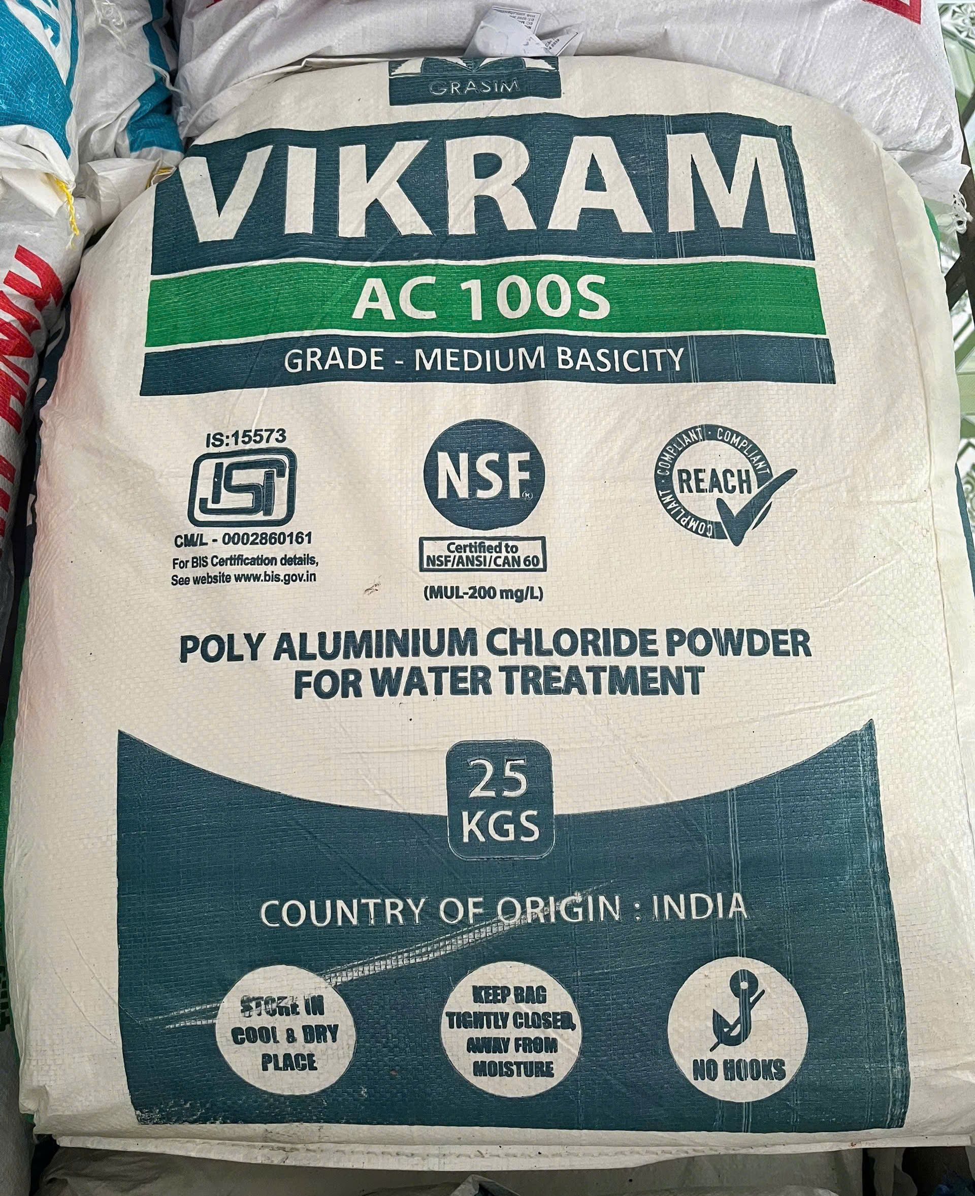 PAC Vikram AC100S poly aluminium chloride xử lý nước 25kg Ấn Độ