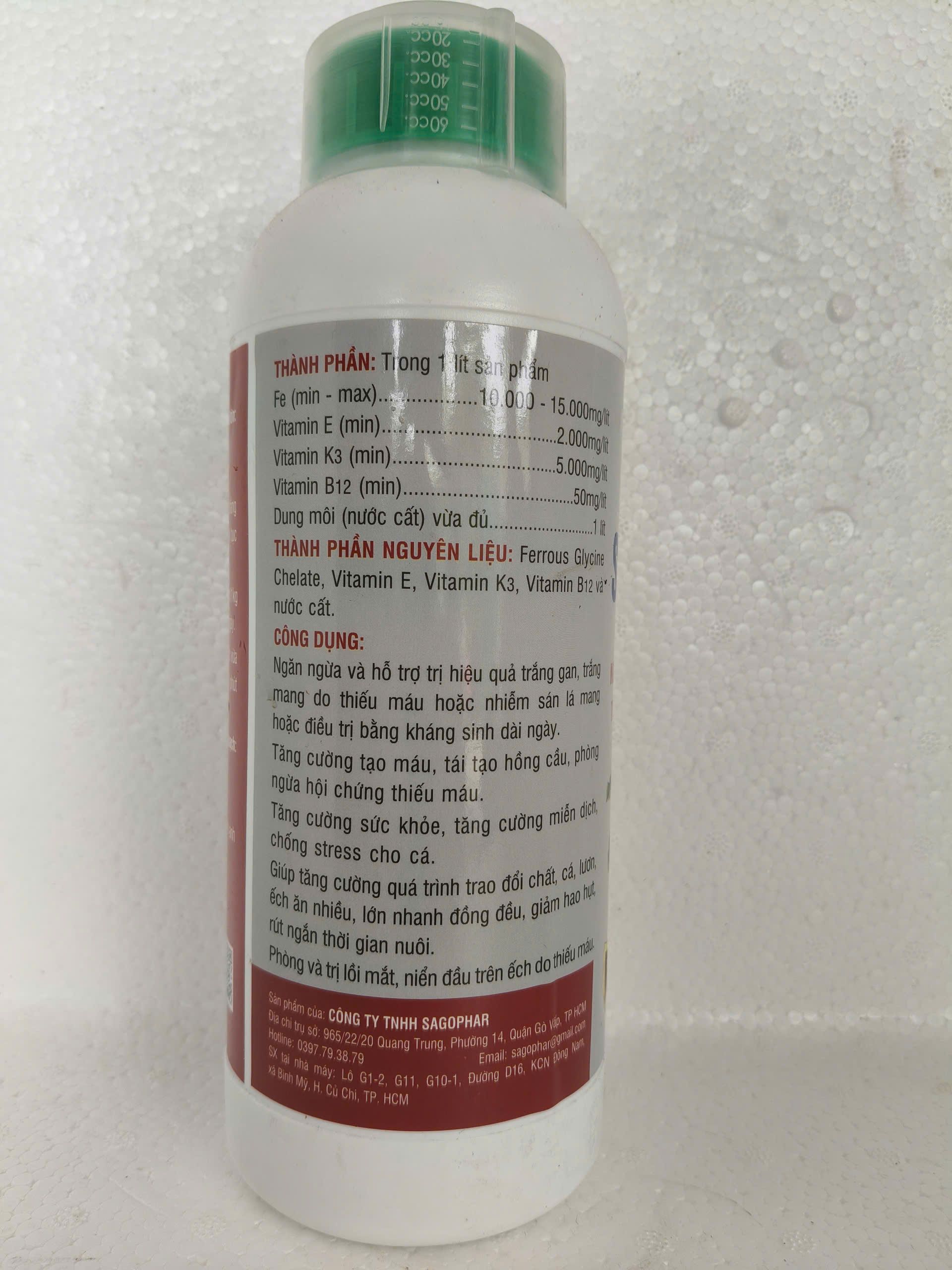 Mặt sau chai SUPER Fe + B12 SAGOPHAR 1 lít chính hãng dùng trong nuôi trồng thủy sản