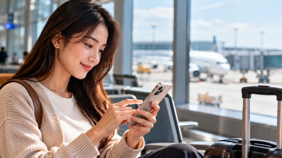 Người chuẩn bị điện thoại và đồ dùng cá nhân bên cạnh vali trước chuyến bay đến Việt Nam