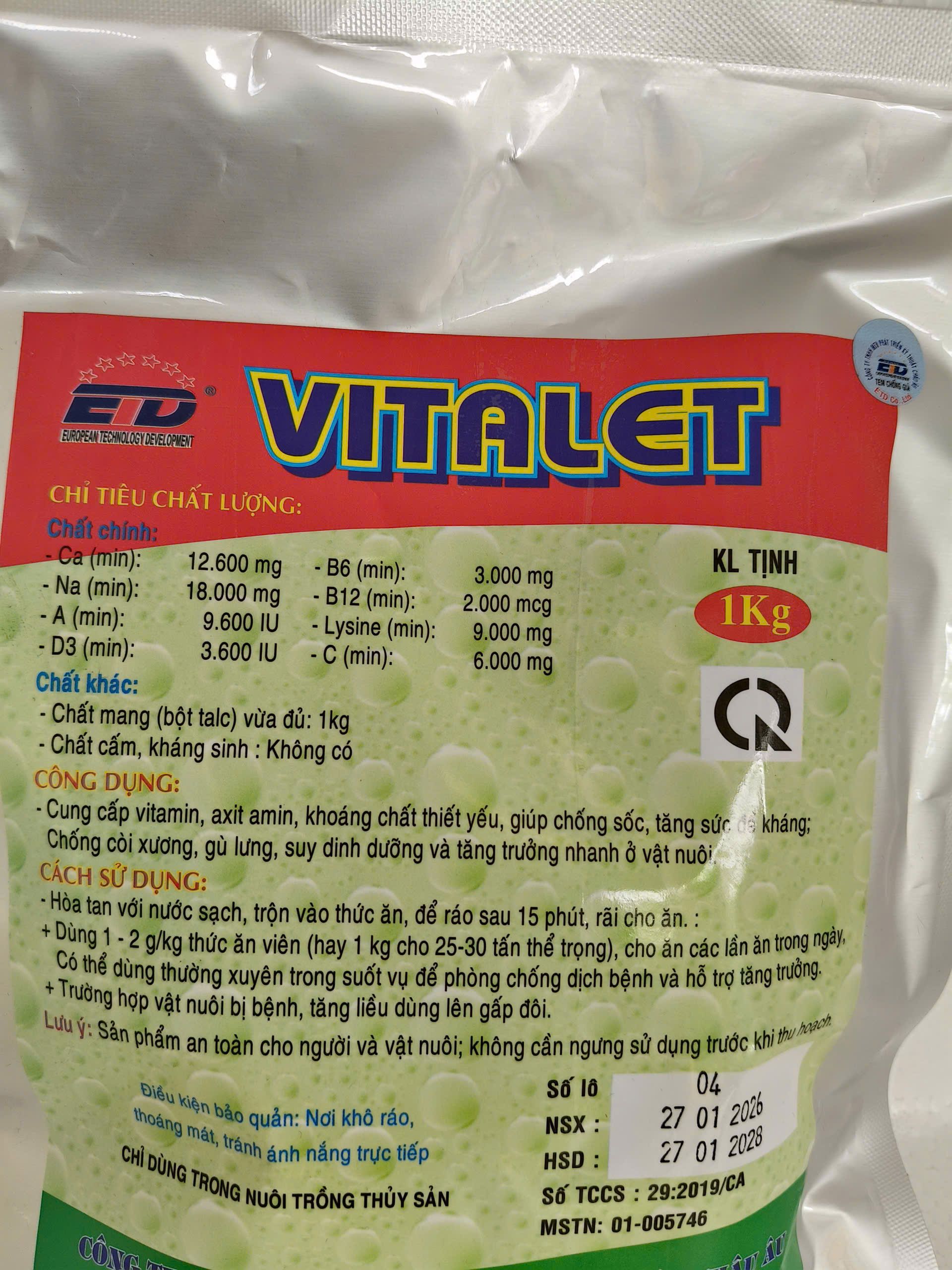 Bao bì Vitalet 1kg tăng sức đề kháng chống sốc cho tôm cá