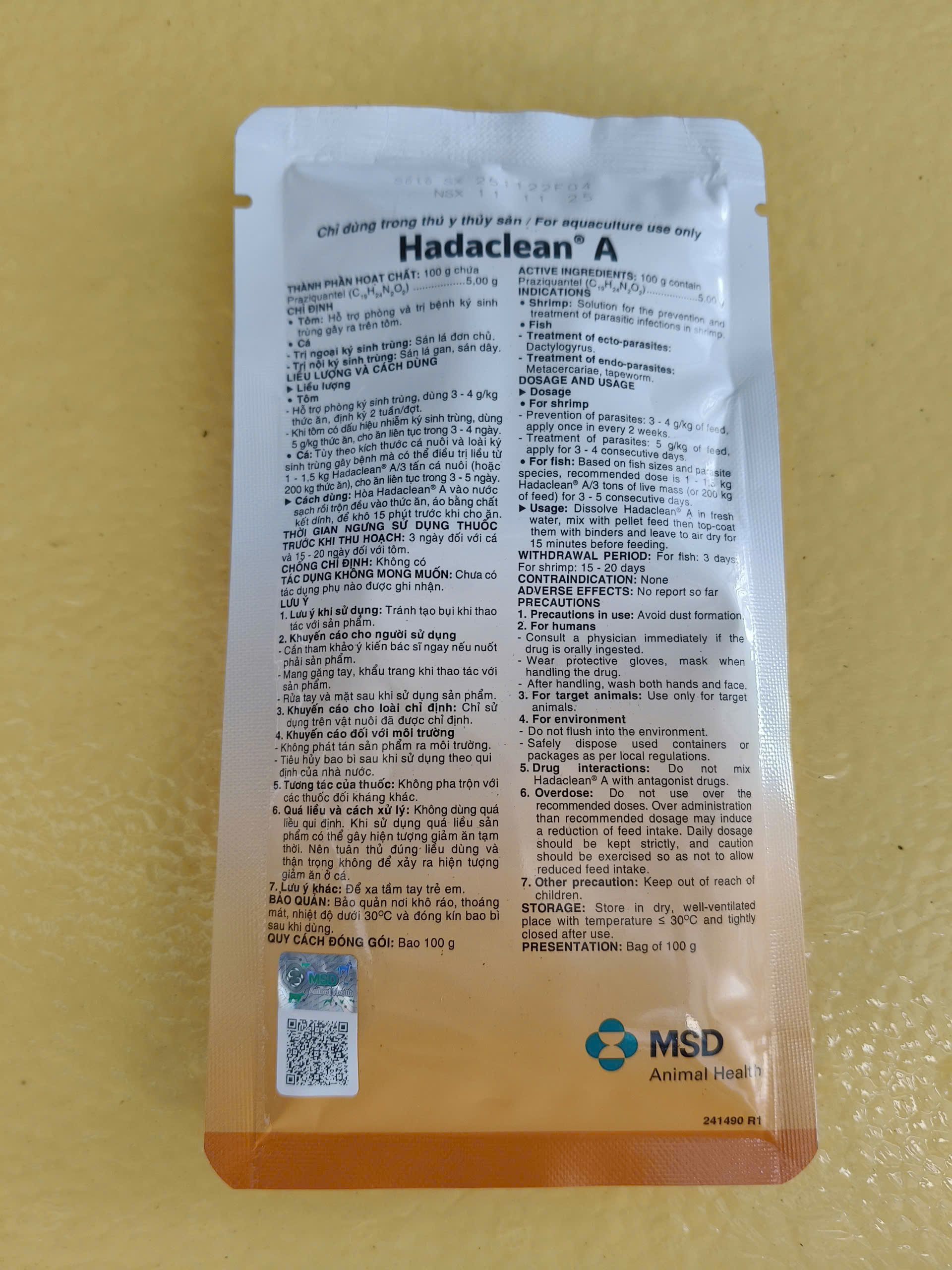 Hướng dẫn sử dụng Hadaclean A 100g MSD điều trị ký sinh trùng cho tôm cá