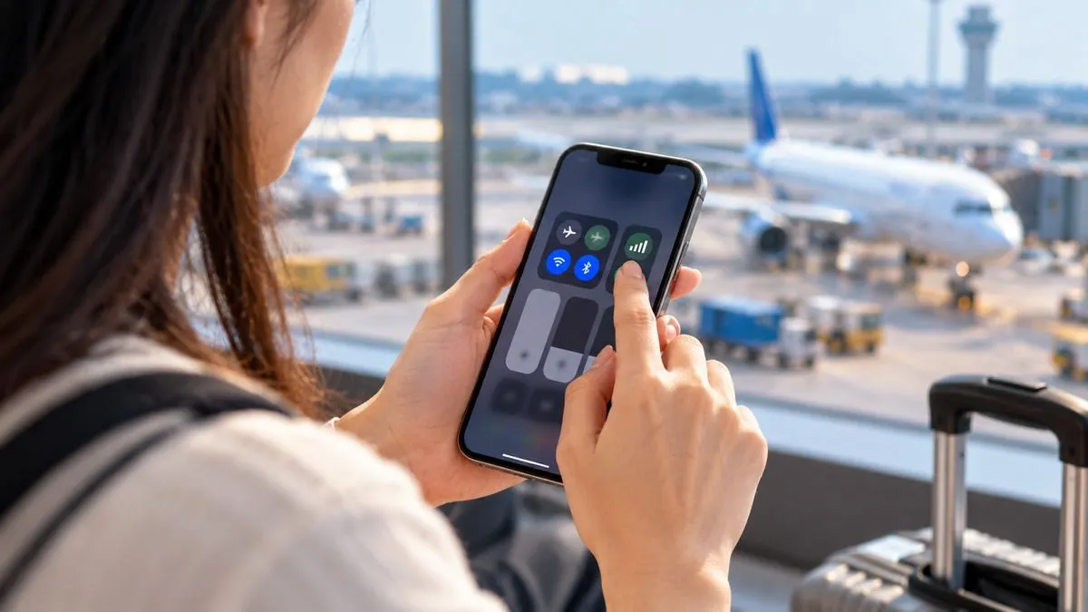 Bàn tay hành khách chọn eSIM cho dữ liệu di động sau khi tới sân bay