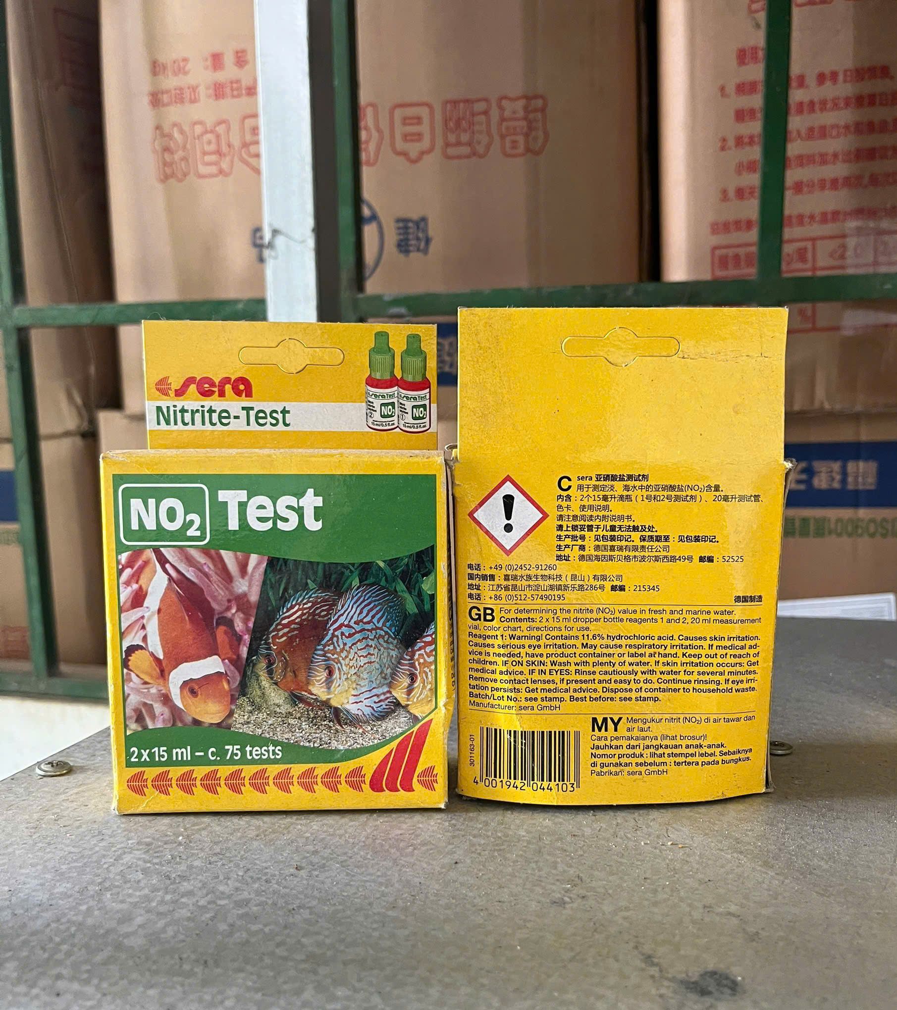 Bộ kiểm tra NO₂ Sera đầy đủ chai test và hộp sản phẩm