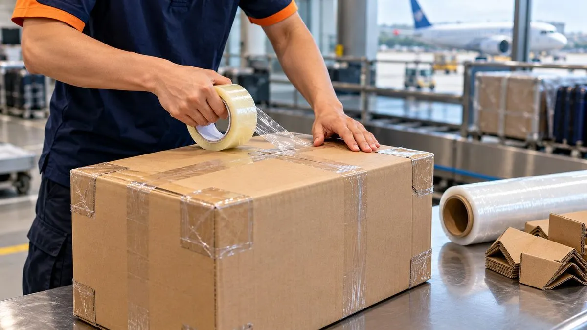 Người đóng gói dùng băng keo dán đáy thùng carton theo đường nối giữa và hai mép bên.