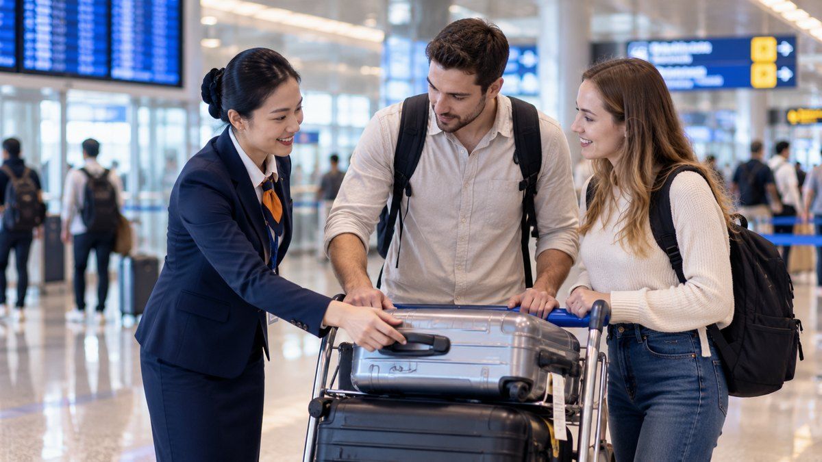 Nhân viên hỗ trợ hành lý cho khách quốc tế tại sân bay