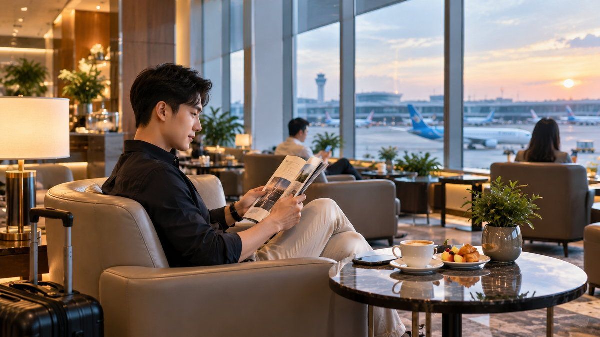 Gia đình có trẻ nhỏ nghỉ tại phòng chờ sân bay trước chuyến bay