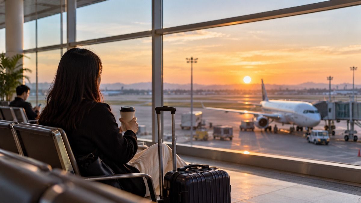 Hộ chiếu, giấy tờ và hành lý xách tay được chuẩn bị trước chuyến bay quốc tế sáng sớm