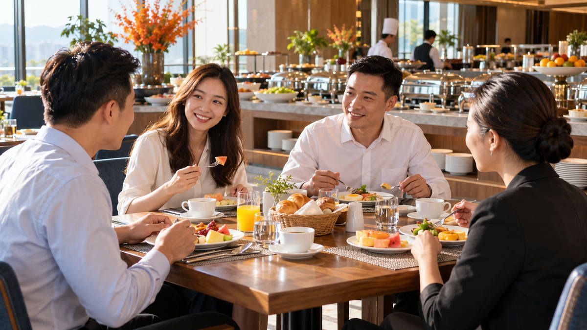 Nhóm khách công tác dùng bữa sáng tại khu nhà hàng khách sạn trước giờ họp