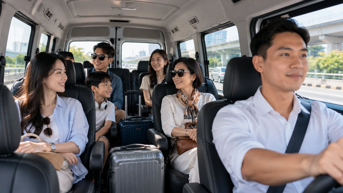 Nhóm khách đông chờ lên xe 16 chỗ tại khu vực đón sân bay