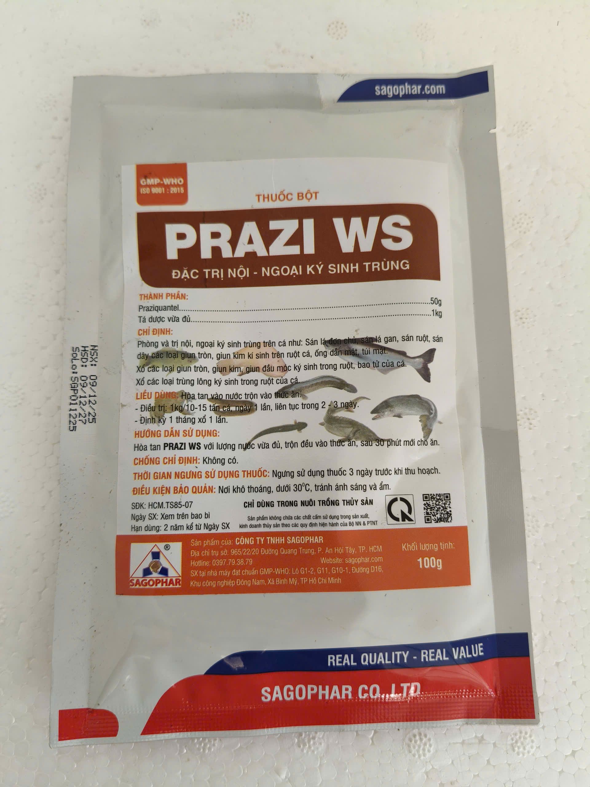 Mặt sau PRAZI WS 100G hướng dẫn sử dụng, thành phần và liều dùng thuốc thủy sản.