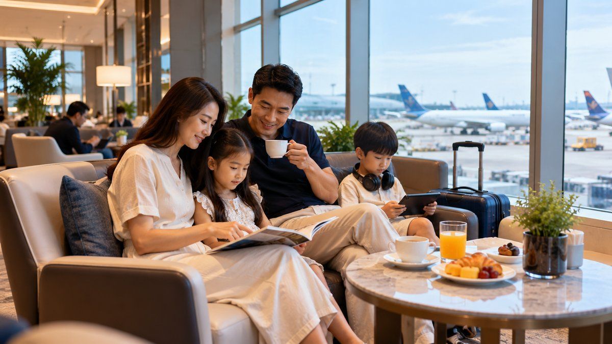 Mẹ và bé ngồi ăn nhẹ trong khu phòng chờ trước chuyến bay quốc tế Nội Bài
