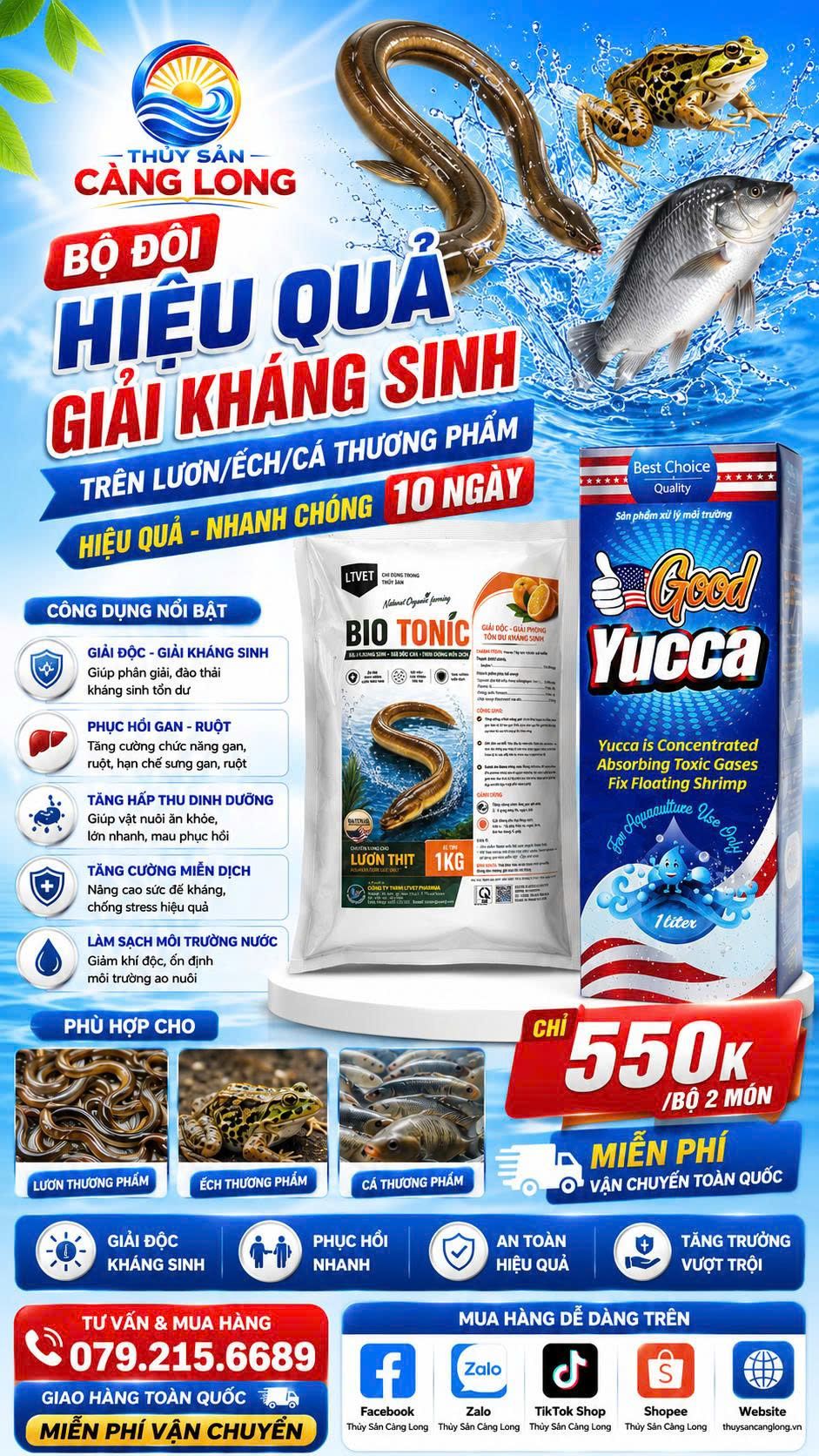 Bộ đôi BIO TONIC và GOOD YUCCA giải kháng sinh, phục hồi gan, hấp thụ khí độc cho lươn, ếch, cá thương phẩm