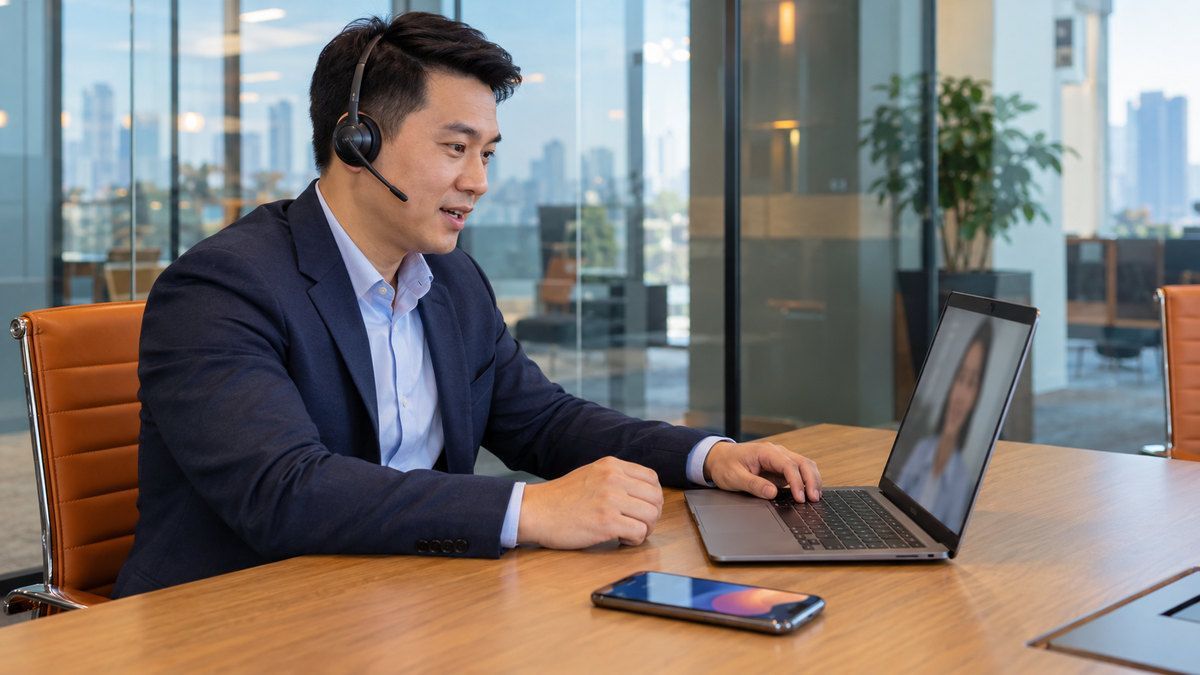 Khách công tác đeo tai nghe làm việc trên laptop cạnh điện thoại phát mạng trong phòng họp nhỏ