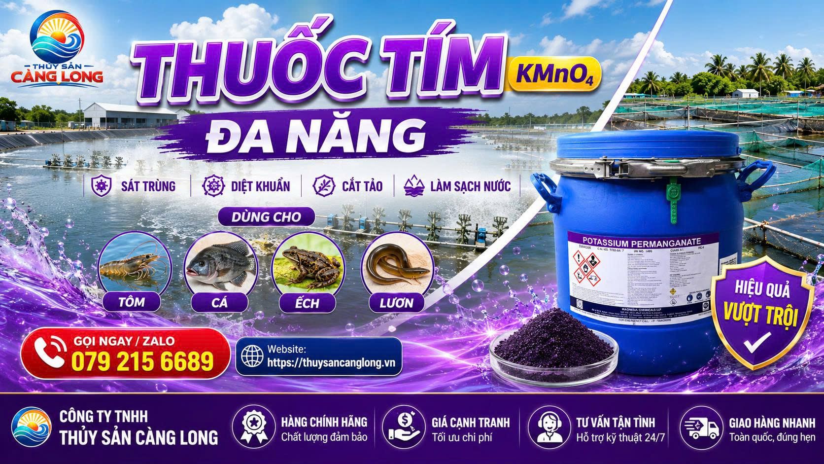 Thuốc tím KMnO4 Potassium Permanganate xử lý nước, sát trùng, diệt khuẩn ao nuôi tôm cá ếch lươn - Thủy Sản Càng Long