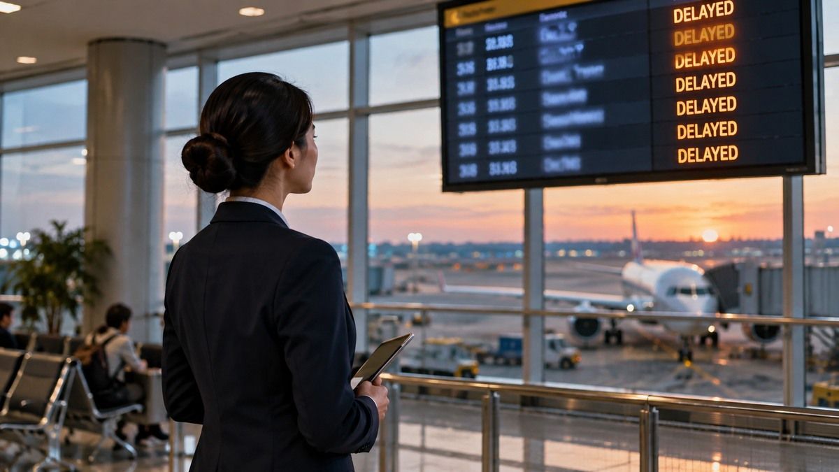 Nhân viên dịch vụ sân bay theo dõi trạng thái chuyến bay bị delay