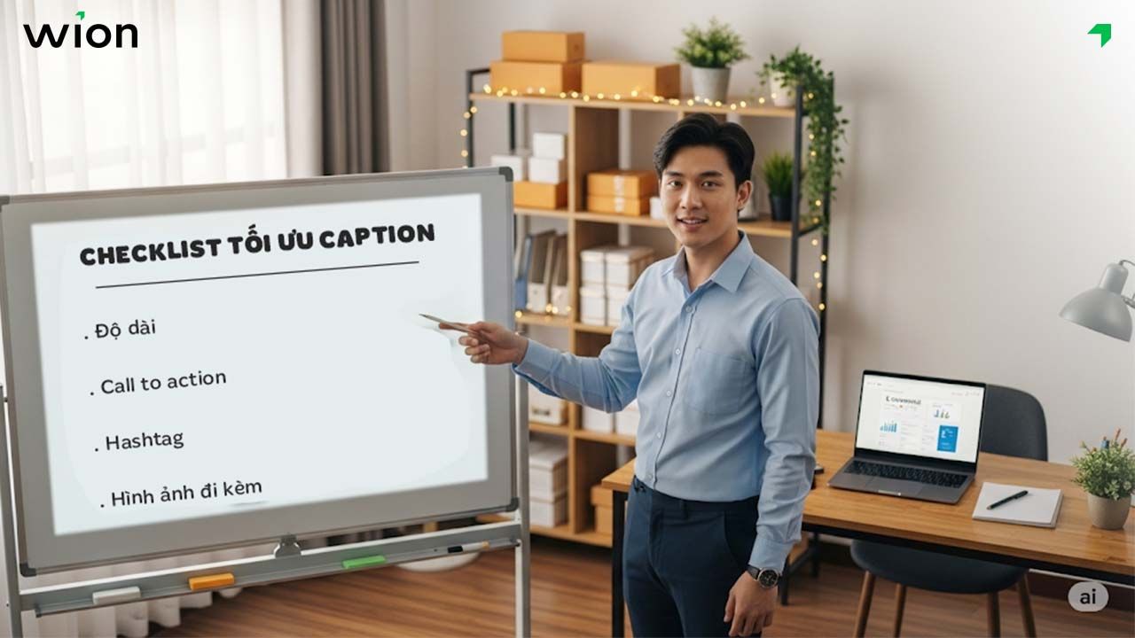 Checklist tối ưu caption về độ dài, CTA, hashtag, hình ảnh đi kèm