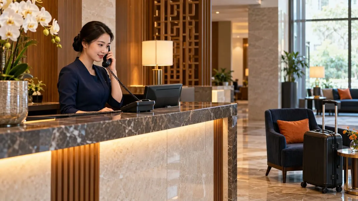 Nhân viên lễ tân trao đổi qua điện thoại về giờ nhận phòng của khách đến buổi sáng