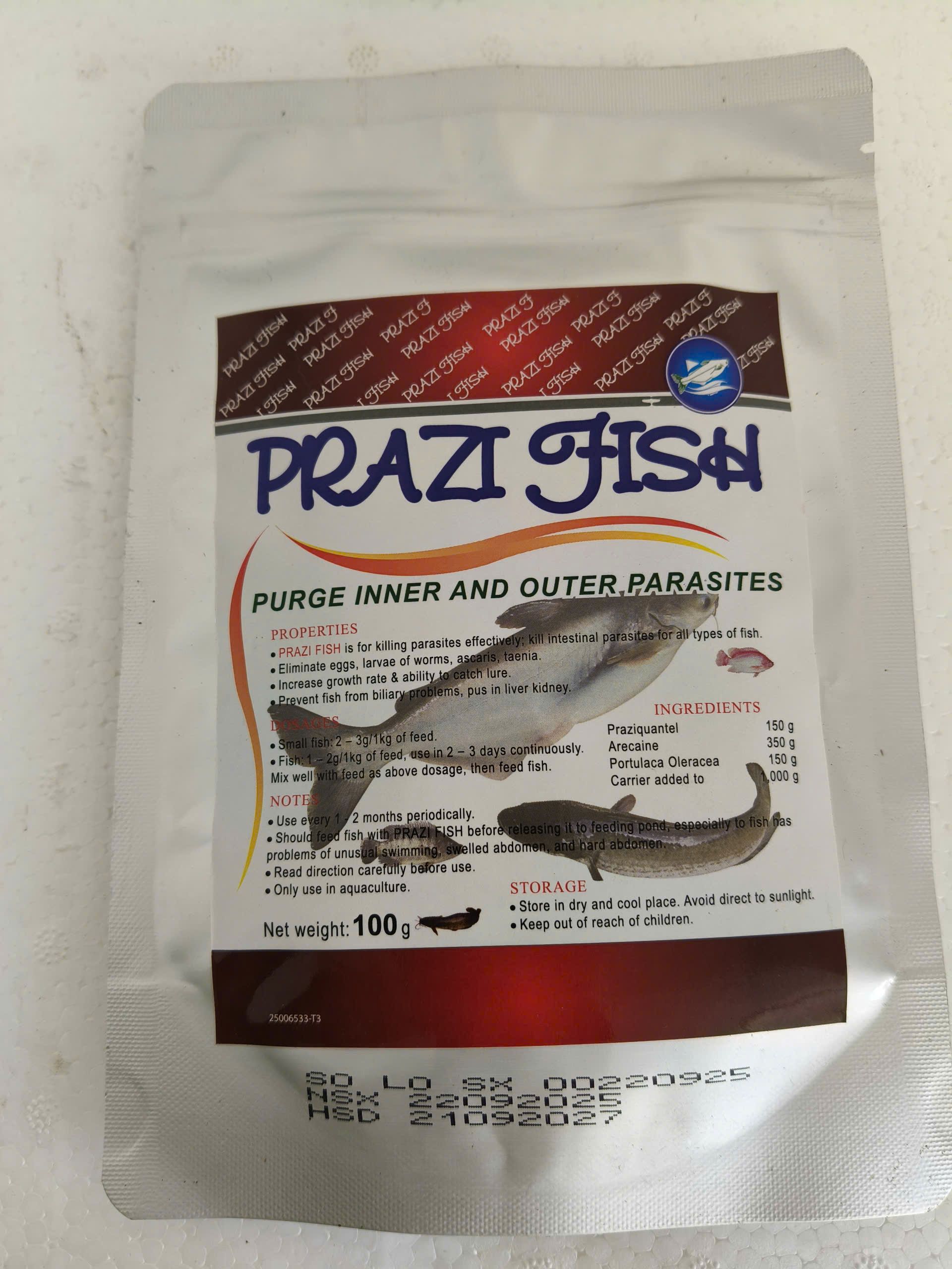 Mặt sau PRAZI FISH hướng dẫn sử dụng thuốc xổ ký sinh trùng thủy sản