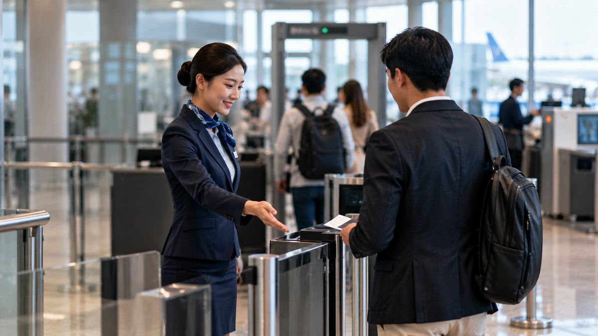 Nhân viên sân bay hướng dẫn hành khách tại khu vực làm thủ tục khởi hành
