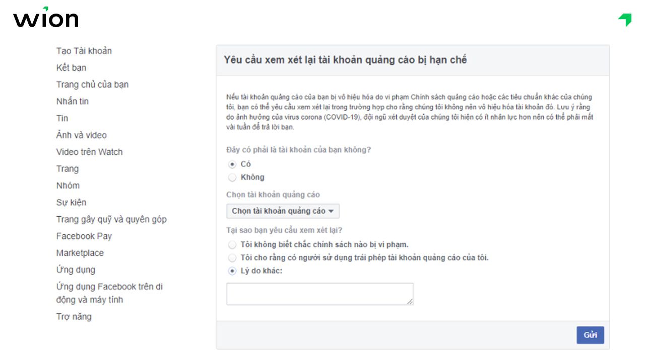 Gửi kháng nghị Facebook bị vô hiệu hóa trực tiếp qua form hỗ trợ