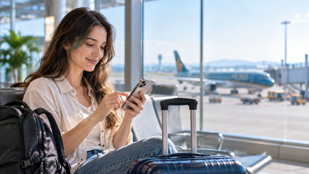 Khách chuẩn bị cài eSIM trước chuyến đi Việt Nam