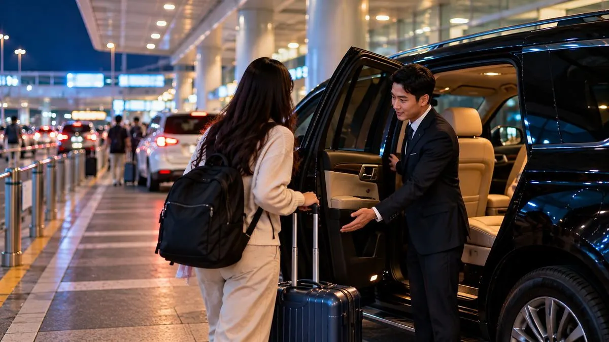 Tài xế mở cửa xe đón hành khách cùng vali tại sân bay ban đêm