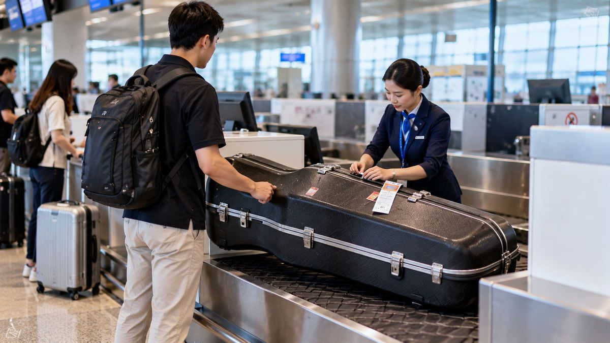 Hành khách chuẩn bị xe đẩy gấp gọn và vali tại quầy làm thủ tục sân bay