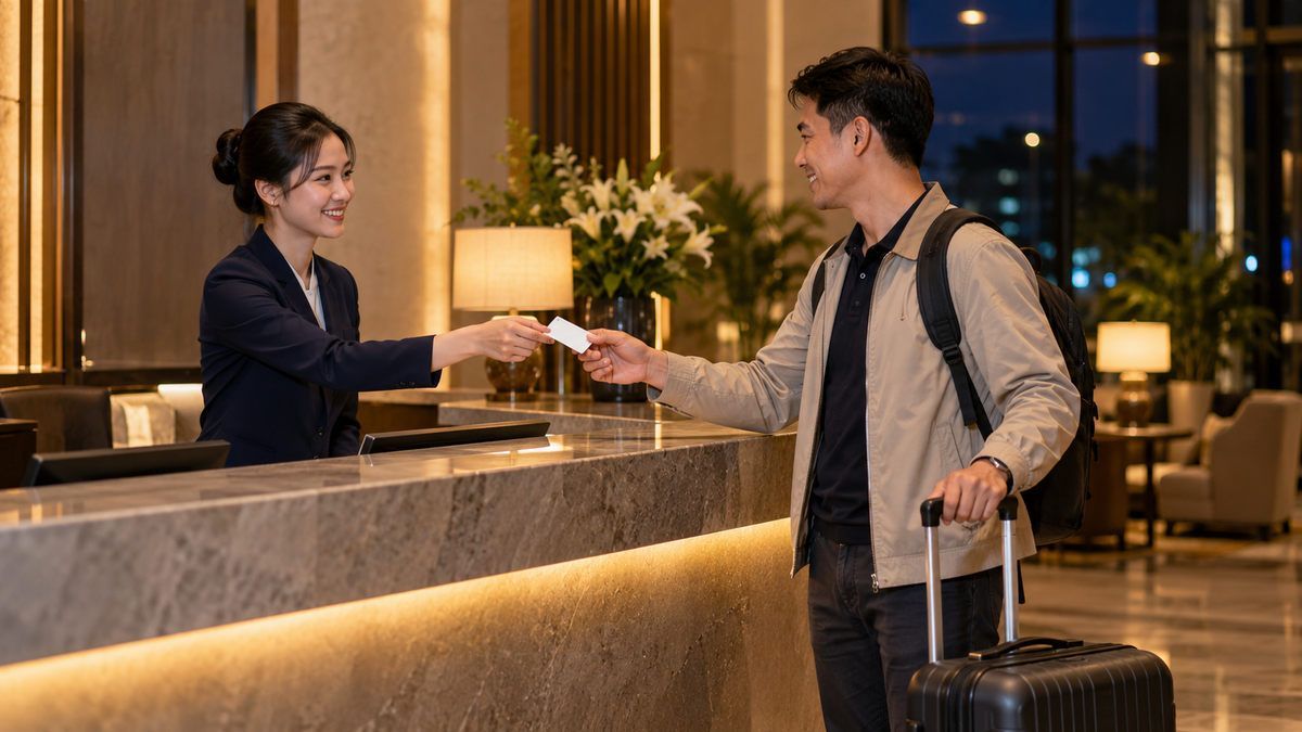 Nhân viên lễ tân trao thẻ phòng cho khách đến khách sạn vào buổi tối