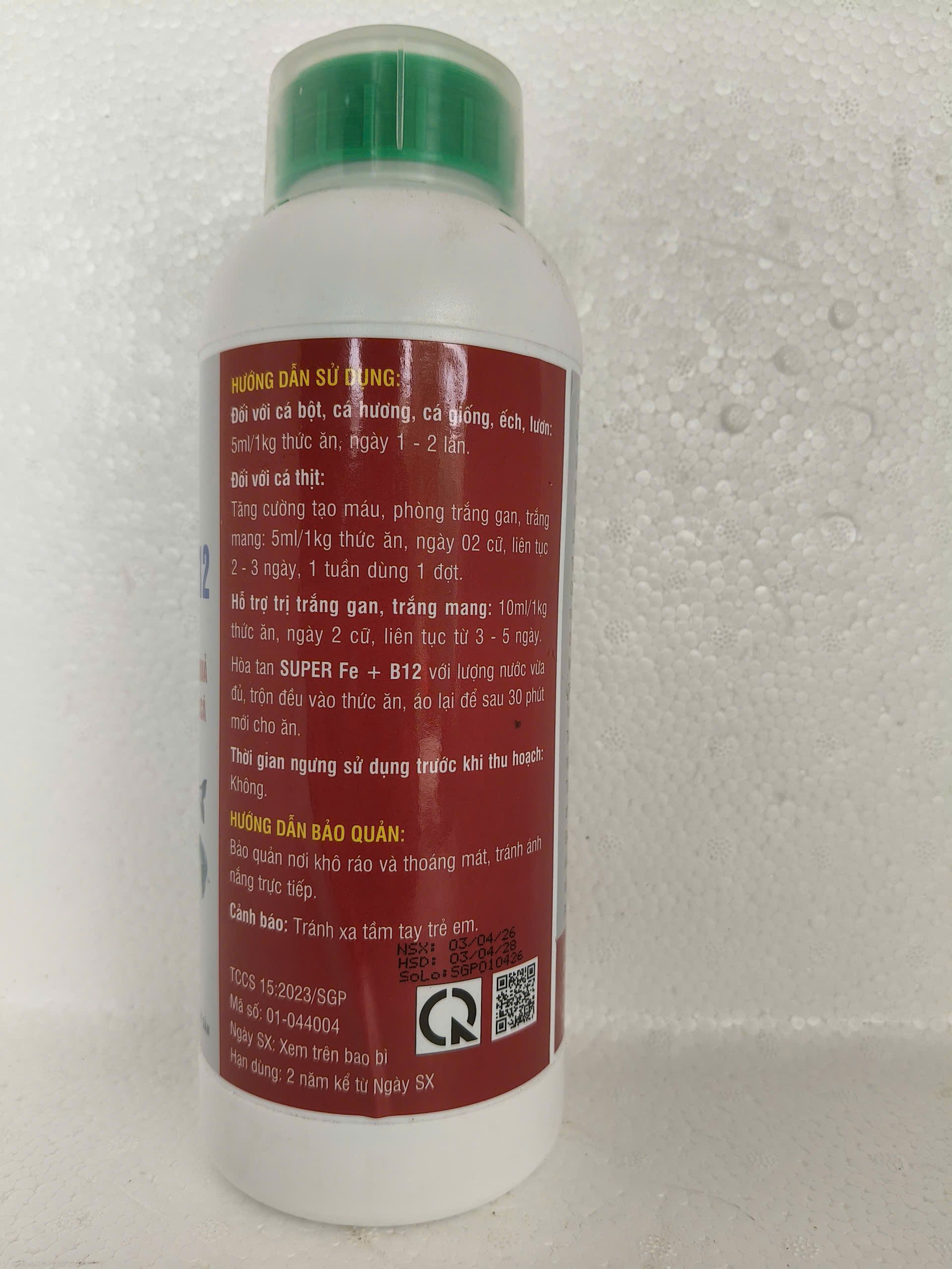 Thành phần và hướng dẫn sử dụng SUPER Fe + B12 SAGOPHAR bổ sung sắt, Vitamin B12, Vitamin E, Vitamin K3 cho thủy sản