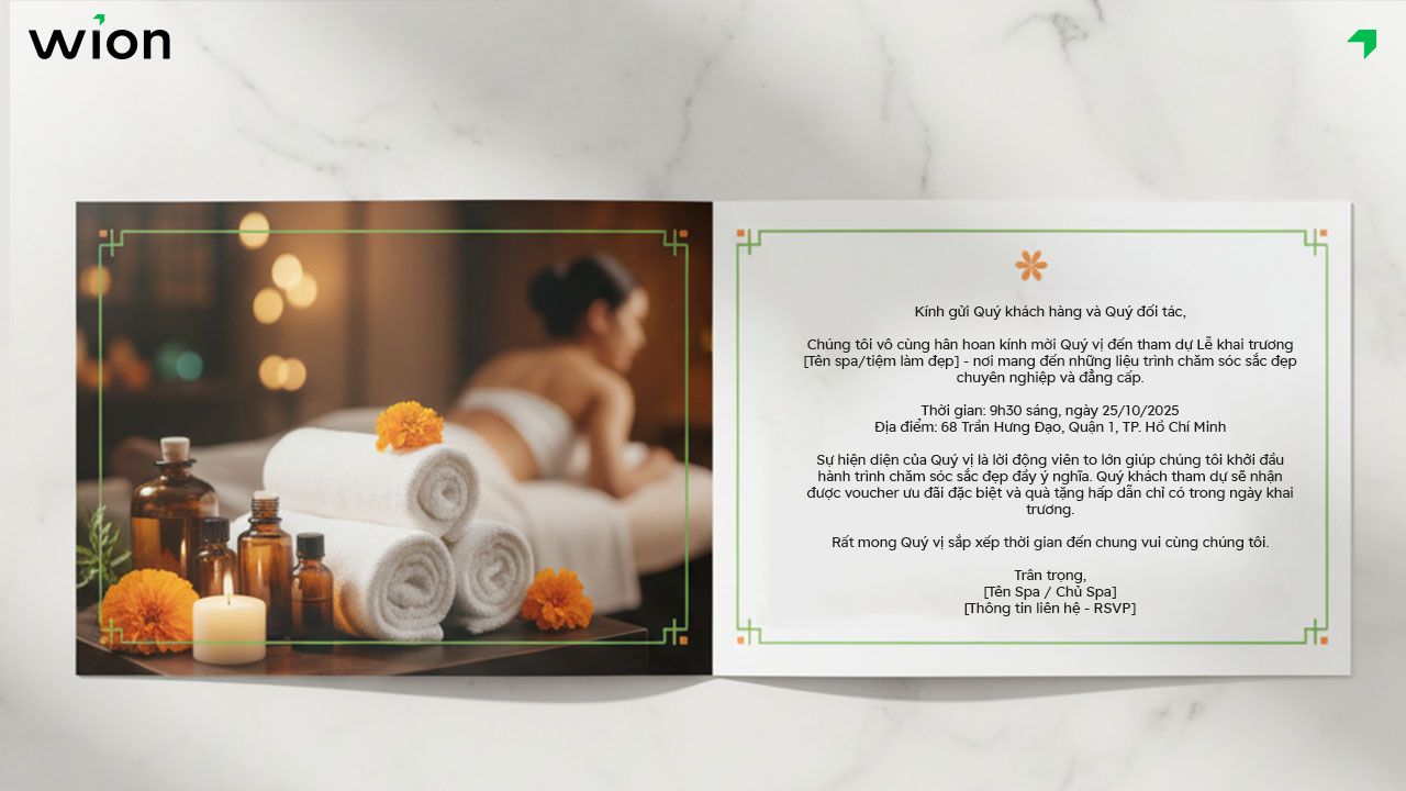 Mẫu thiệp mời khai trương online spa - tiệm làm đẹp