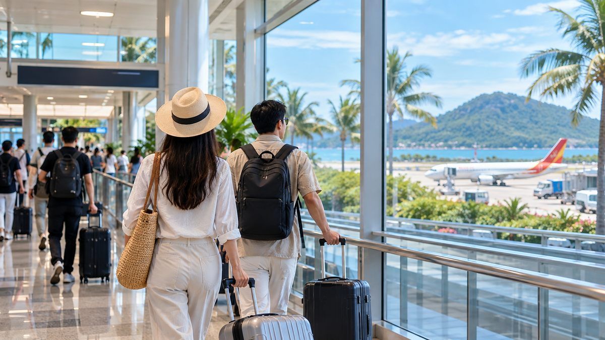 Gia đình quốc tế di chuyển cùng hành lý tại ga đến sân bay Phú Quốc