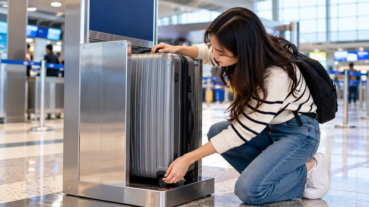 Thước dây đo kích thước ngoài cùng của vali tính cả bánh xe tại nhà
