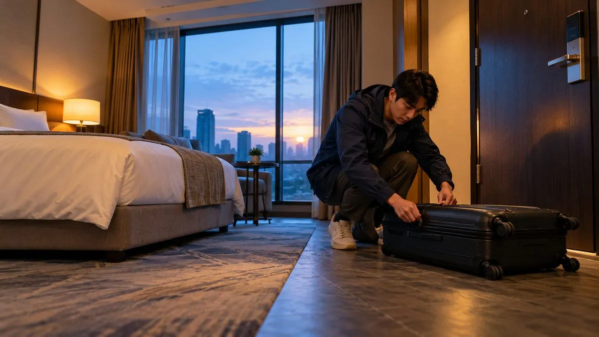 Du khách đóng vali trong phòng khách sạn trước giờ ra sân bay buổi sáng