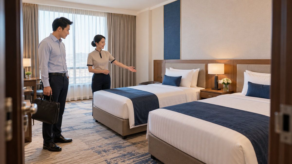Điều phối viên cùng nhân viên khách sạn kiểm tra phòng hai giường đơn cho đoàn công tác