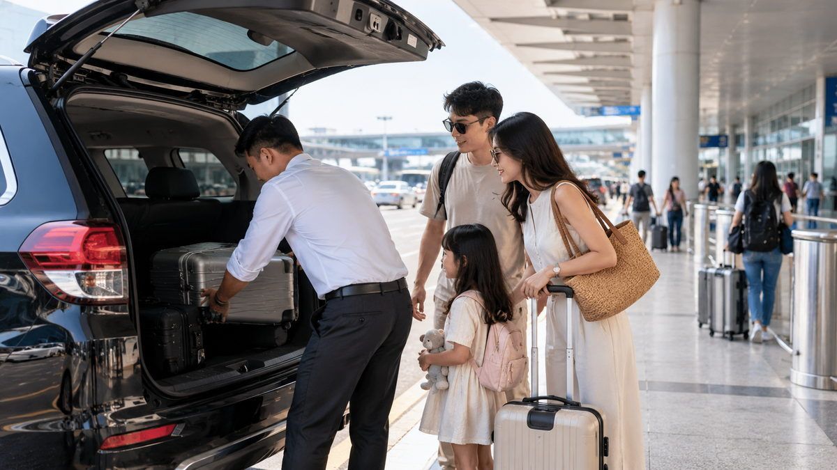 Nhóm gia đình cùng vali chuẩn bị lên xe đón tại Tân Sơn Nhất
