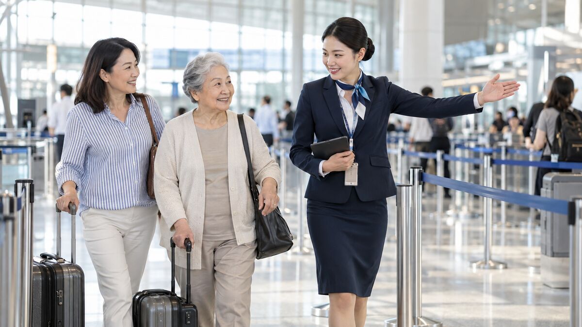 Nhân viên Fast Track hỗ trợ người lớn tuổi tại sân bay