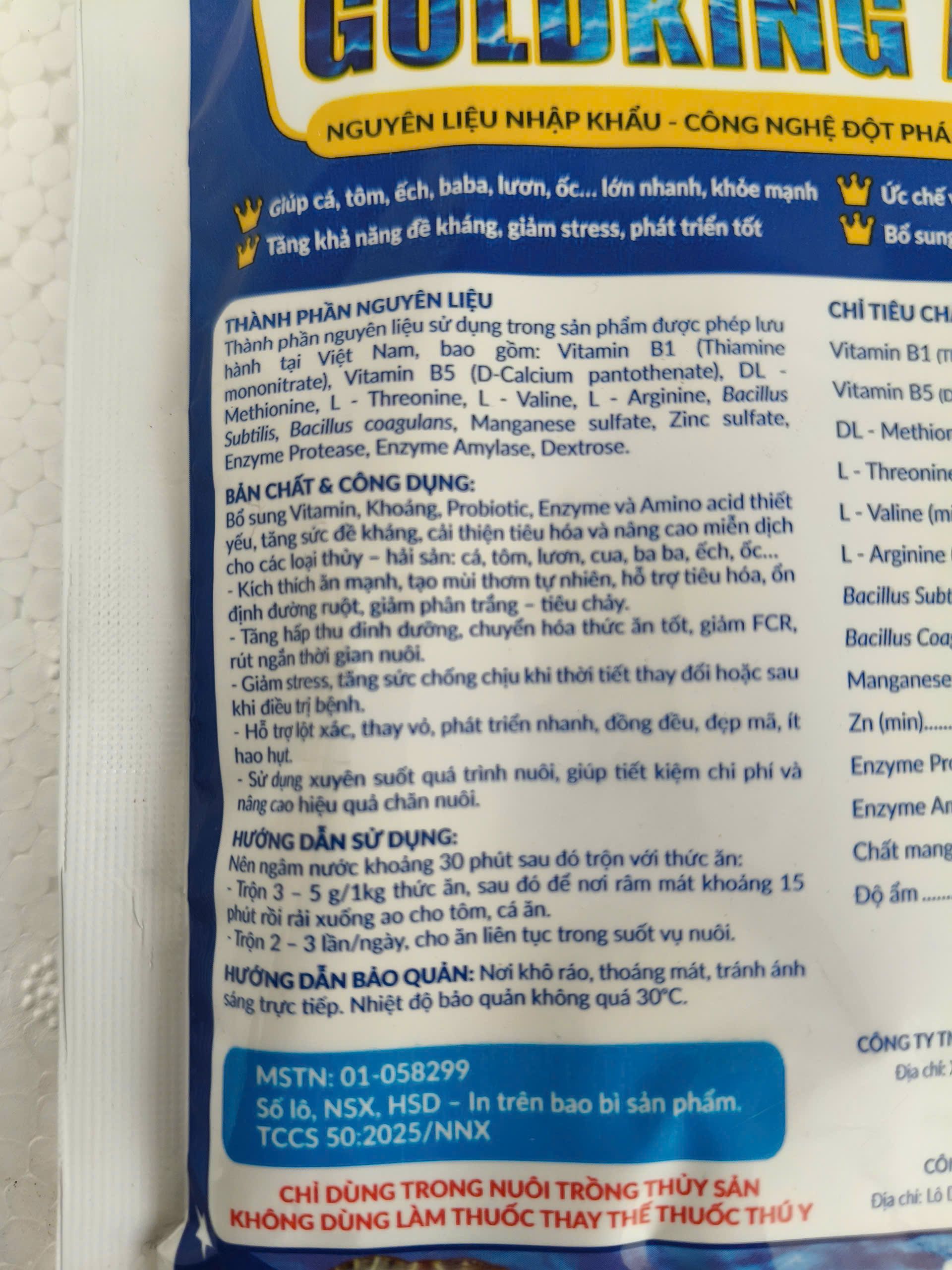 Chỉ tiêu chất lượng GoldKing Aqua 100g