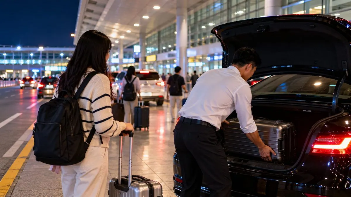 Nhân viên xếp vali vào cốp xe tại khu đón khách sân bay ban đêm