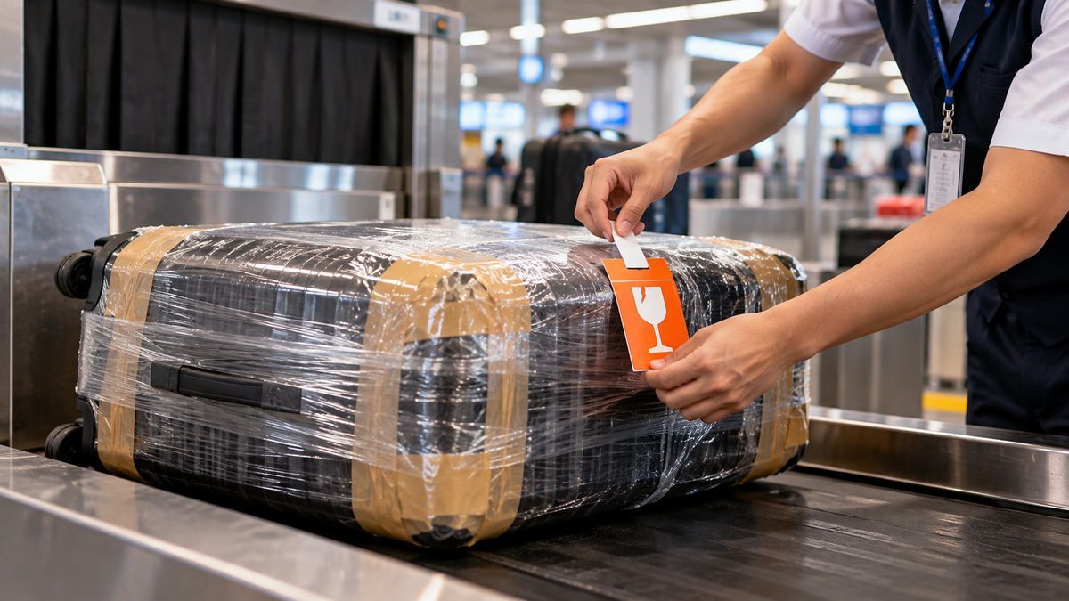 Đôi tay dán nhãn biểu tượng dễ vỡ lên mặt thùng carton tại quầy thủ tục sân bay