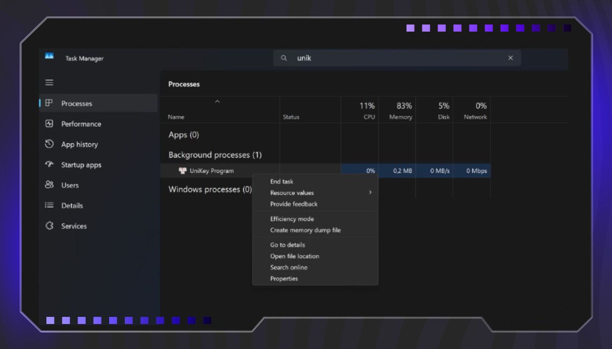 Bật Unikey trong Task Manager