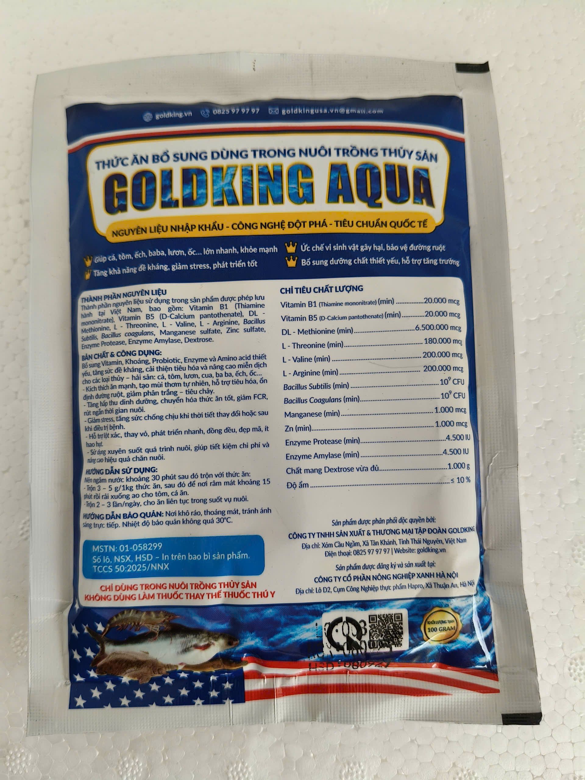 Mặt sau bao bì GoldKing Aqua 100g