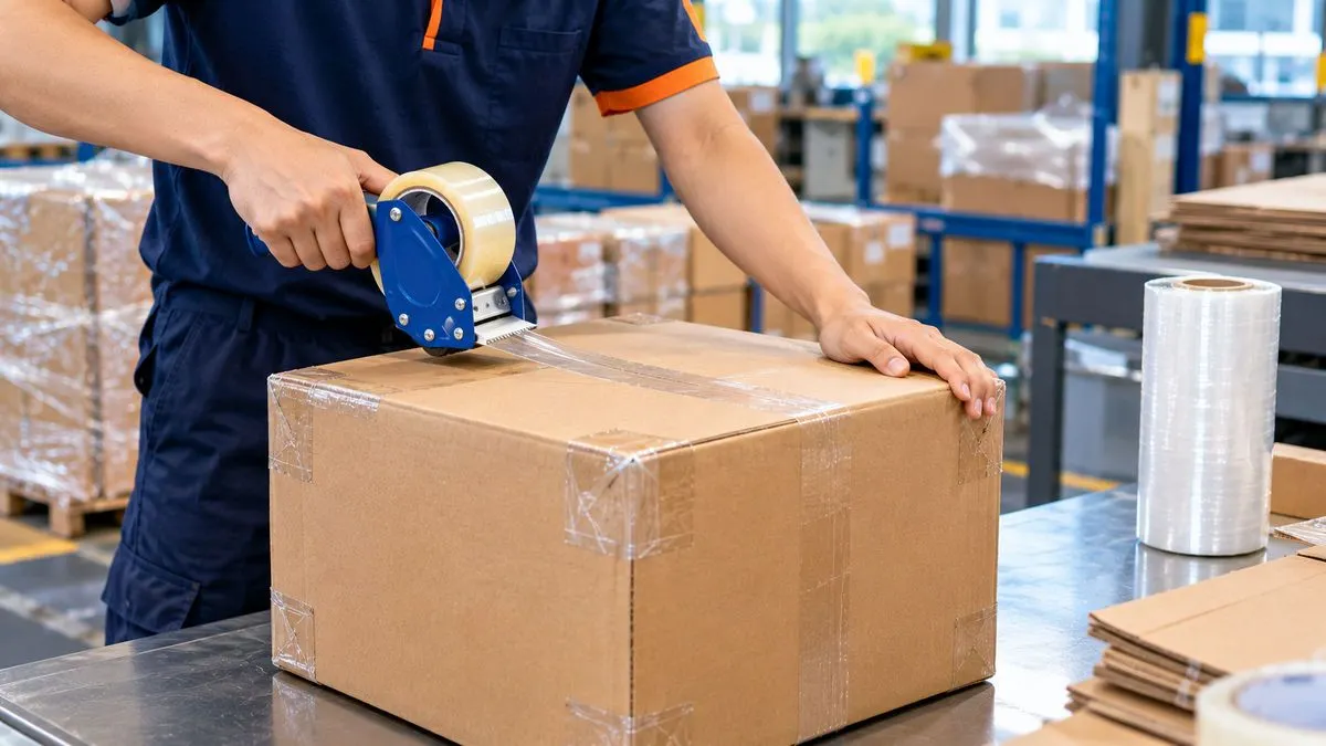 Cận cảnh miếng bìa cứng bọc góc thùng carton và lớp băng keo giữ chắc tại mép.