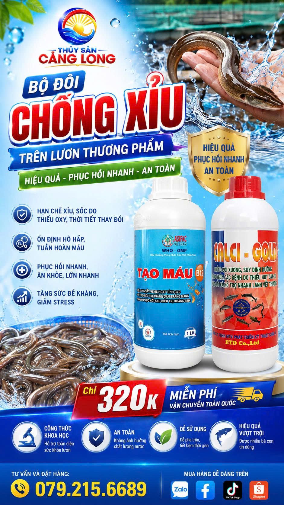 Bộ đôi chống xỉu trên lươn thương phẩm Tạo Máu B12 và Calci Gold giúp phục hồi nhanh, tăng sức khỏe, an toàn cho lươn nuôi