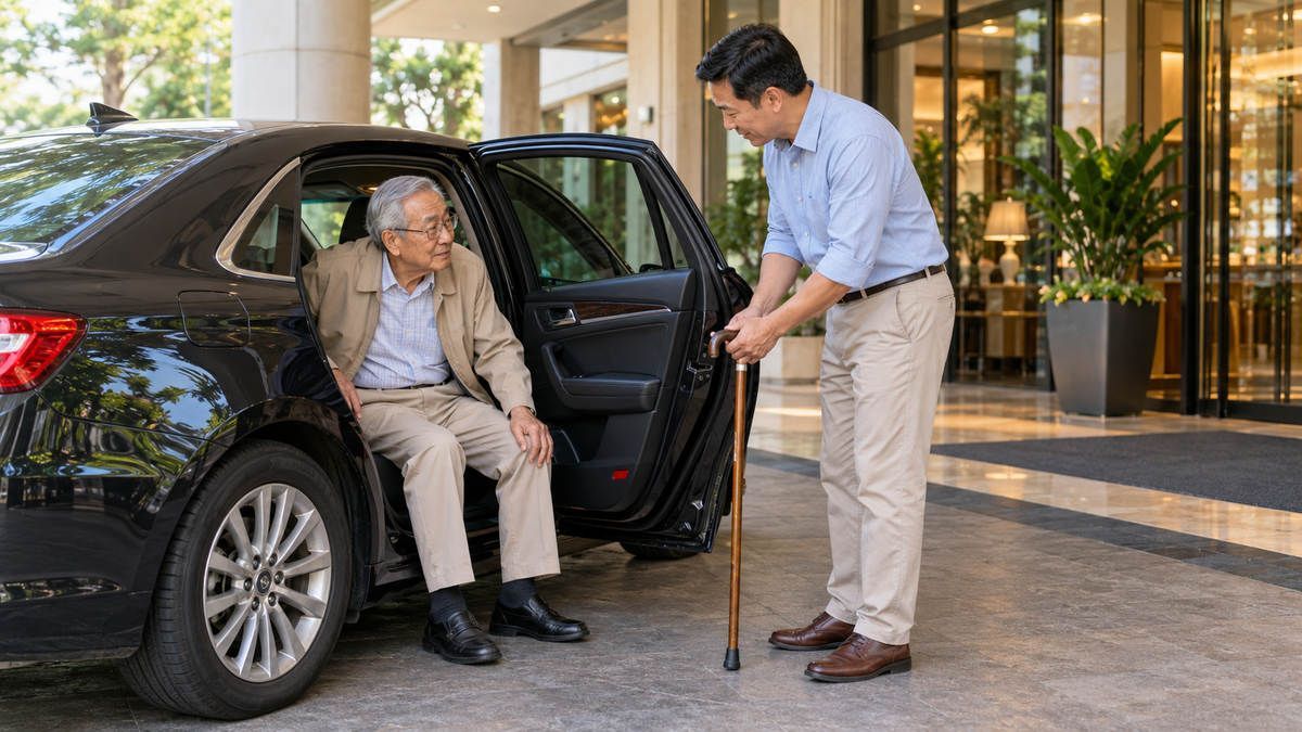 Người đàn ông lớn tuổi chuẩn bị xuống xe tại khách sạn, con trai đứng cạnh hỗ trợ