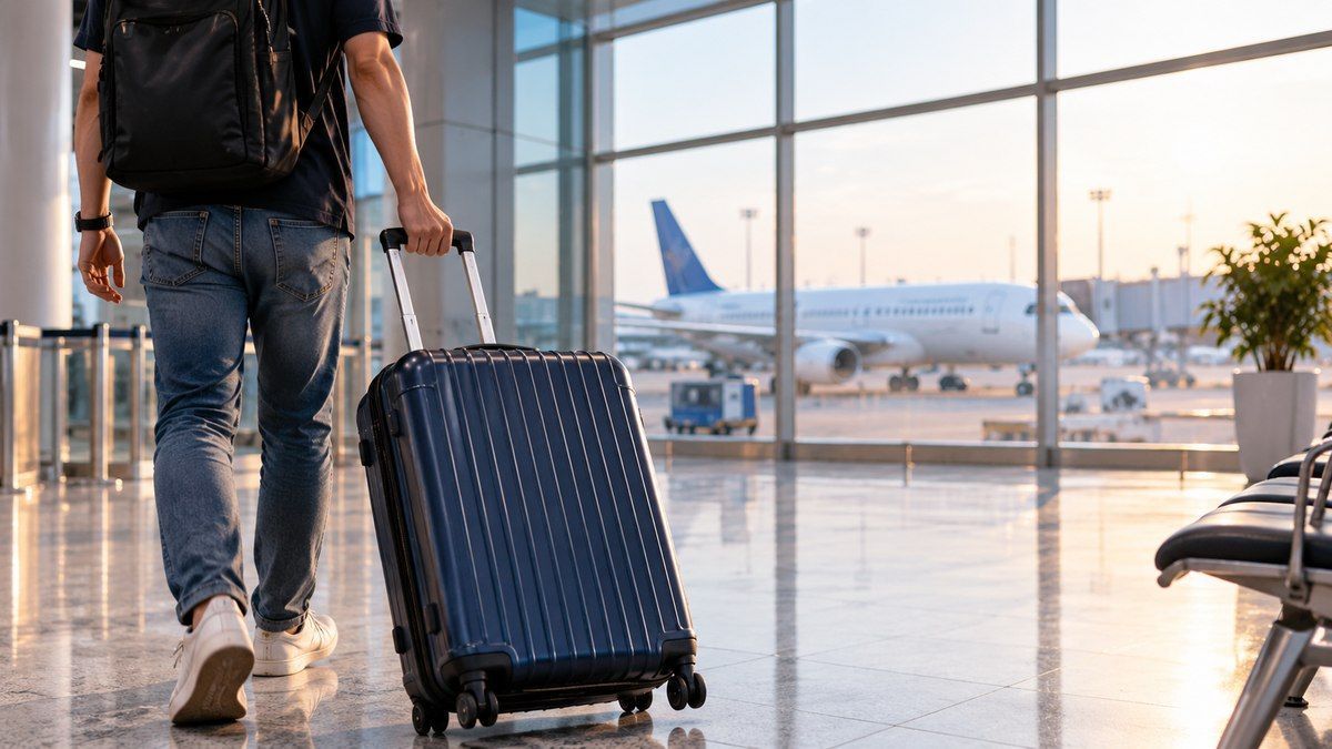 Hành khách kéo vali trong nhà ga sân bay trước chuyến bay